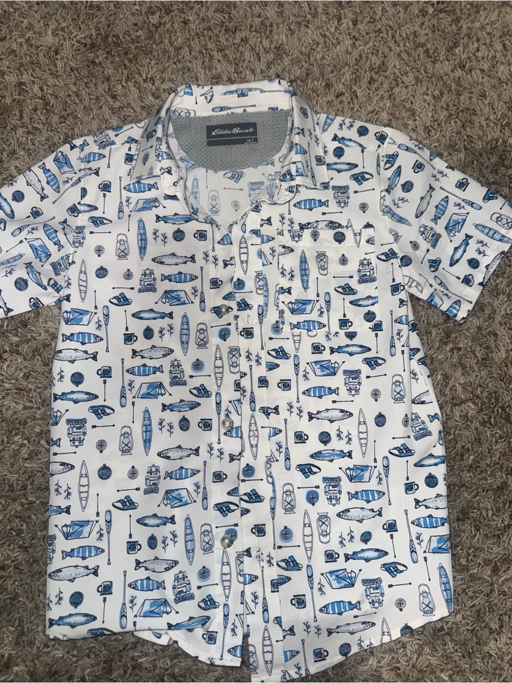 Eddie Bauer White Short-Sleeve Button Shirt with Blue Nautical Print